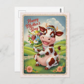 ハッピーマザーズデイかわいい牛（花つき）ヴィンテージ ポストカード (正面/裏面)
