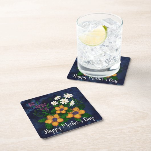 ハッピーマザーズデイイエローパープル白い花 スクエアペーパーコースター (インサイチュ)