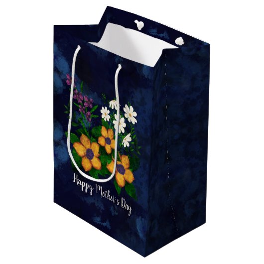 ハッピーマザーズデイイエローパープル白い花 ミディアムペーパーバッグ (正面アングル)