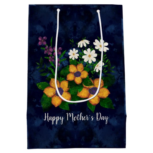ハッピーマザーズデイイエローパープル白い花 ミディアムペーパーバッグ (裏面)