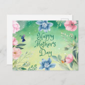 ハッピーマザーズデイウォーターカラーピンク青い花 ポストカード (正面/裏面)