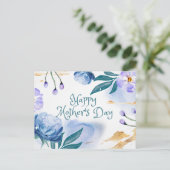 ハッピーマザーズデイウォーターカラーブルー紫色の花 ポストカード (スタンド正面)