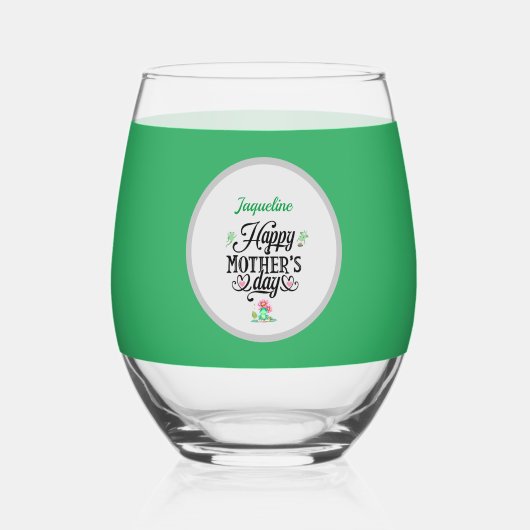 ハッピーマザーズデイエレガントカエルパーソナライズされた ステムなしワイングラス (正面)
