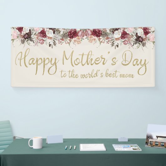 ハッピーマザーズデイクリーム金ゴールドスクリプトバーガンディ 横断幕 (トレードショー)
