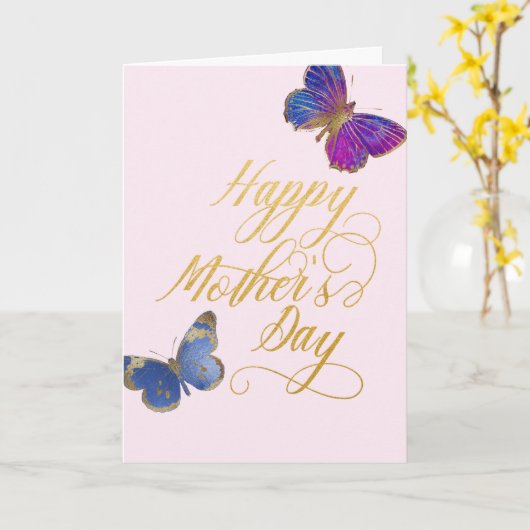 ハッピーマザーズデイバタフライかわいらし金ゴールドピンク カード (黄色い花)