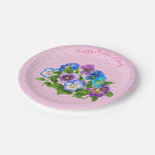 ハッピーマザーズデイパンジーバイオレットフラワーズウォーターカラー ペーパープレート (アングル)