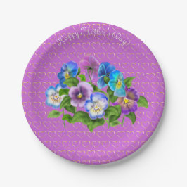 ハッピーマザーズデイパンジー紫の花水色 ペーパープレート