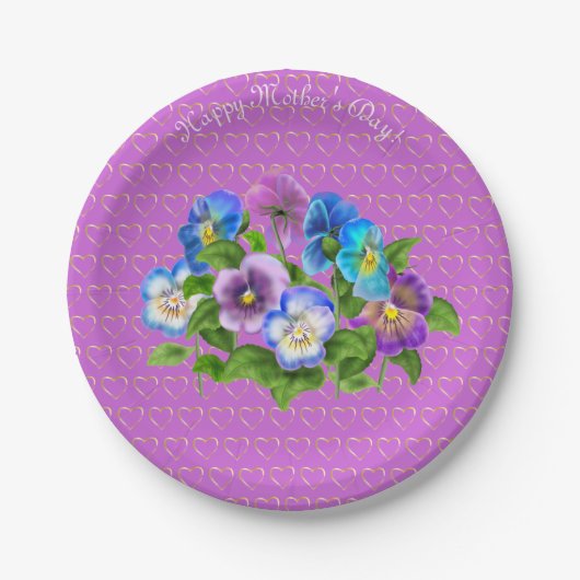 ハッピーマザーズデイパンジー紫の花水色 ペーパープレート (正面)
