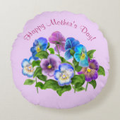 ハッピーマザーズデイパンジー紫の花水色 ラウンドクッション (正面)