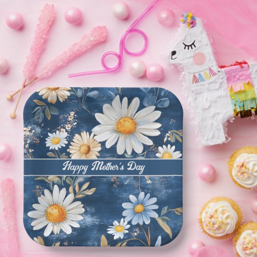 ハッピーマザーズデイブルーとホワイトデイジー ペーパープレート (パーティー)