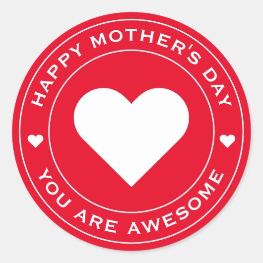 ハッピーマザーズデイレッドホワイトハートおもしろいシック ラウンドシール (正面)
