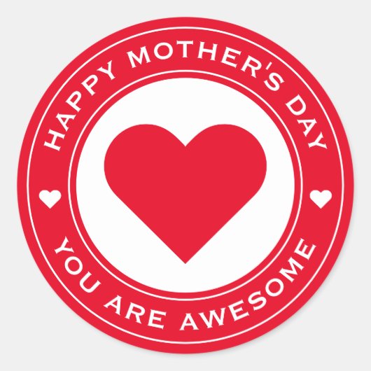 ハッピーマザーズデイレッドホワイトハートシックおもしろい ユニーク ラウンドシール (正面)