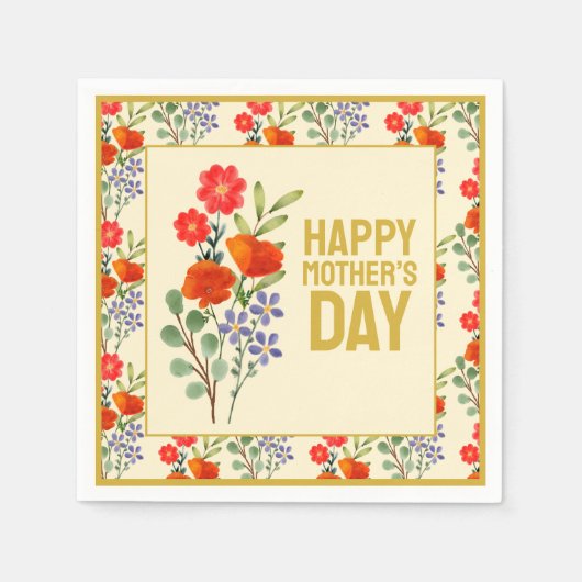 ハッピーマザーズデイワイルドフラワーズ金ゴールドフレーム スタンダードカクテルナプキン (正面)