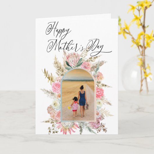 ハッピーマザーズデイ写真テンプレートボホフラワーアーチ カード (黄色い花)