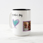 ハッピーマザーズデイ引用文ティール（緑がかった色）パープルフォト ツートーンマグカップ (正面左)