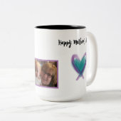 ハッピーマザーズデイ引用文ティール（緑がかった色）パープルフォト ツートーンマグカップ (正面右)