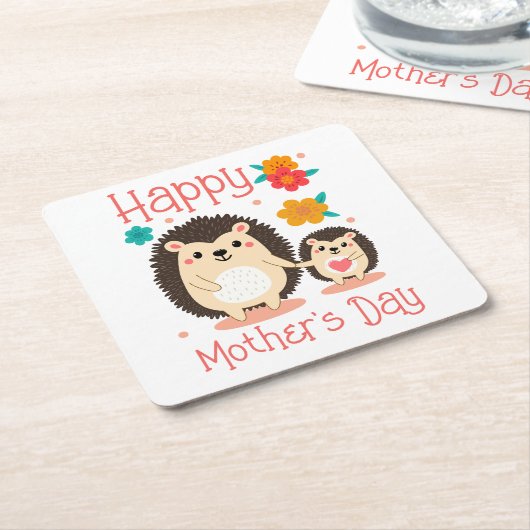 ハッピーマザーズデイ母とベビーハリネズミ スクエアペーパーコースター (アングル)
