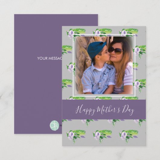 ハッピーマザーズデイ水彩花模様紫カード カード (正面/裏面)