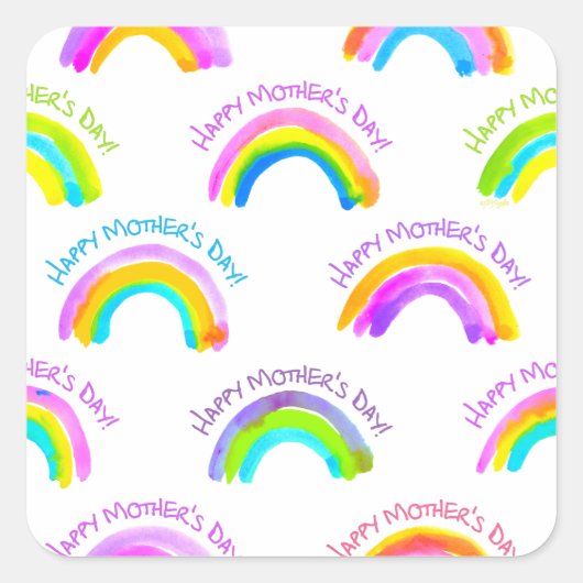 ハッピーマザーズデイ水彩虹の模様 スクエアシール (正面)