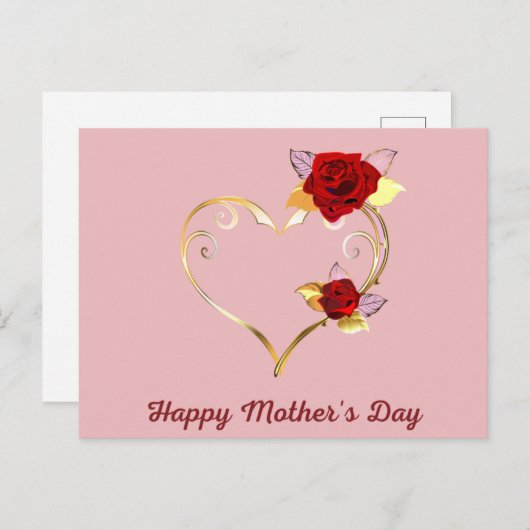 ハッピーマザーズデイ金ゴールドハートとバラカード シーズンポストカード (正面/裏面)