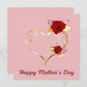 ハッピーマザーズデイ金ゴールドハートとバラカード 招待状 (正面/裏面)