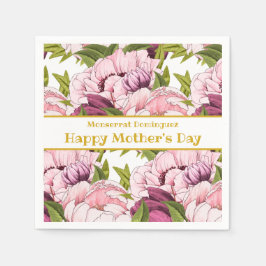 ハッピーマザーズデイ金ゴールド名ピンク牡丹フローラ スタンダードカクテルナプキン