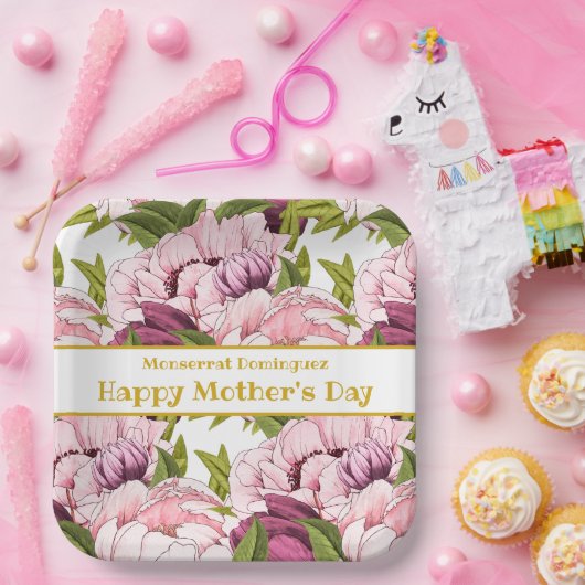 ハッピーマザーズデイ金ゴールド名ピンク牡丹フローラ ペーパープレート (パーティー)