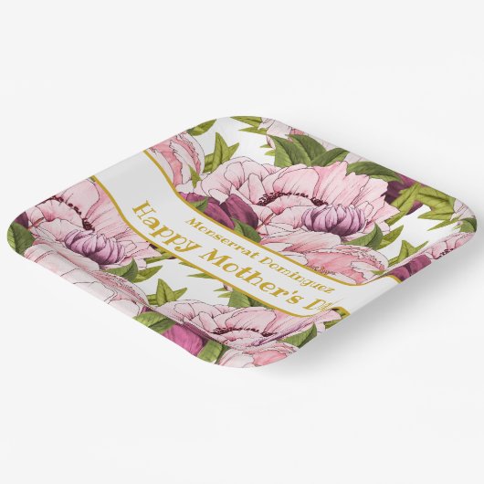 ハッピーマザーズデイ金ゴールド名ピンク牡丹フローラ ペーパープレート (傾斜あり)