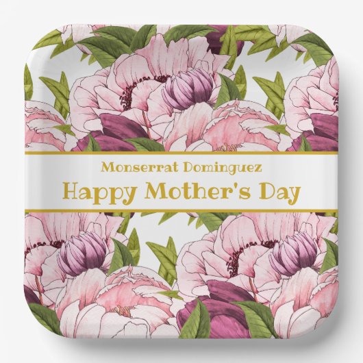 ハッピーマザーズデイ金ゴールド名ピンク牡丹フローラ ペーパープレート (正面)