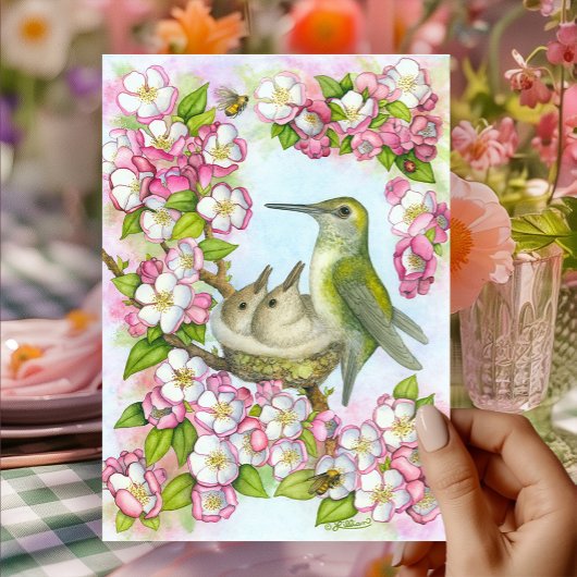 ハッピーマザーズデイ ハチドリ 桃色の花 カード