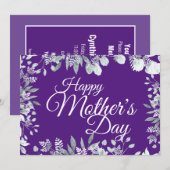 ハッピーマザーズデイ パープル フローラル ホワイト タイポグラフィ 招待状 (正面/裏面)