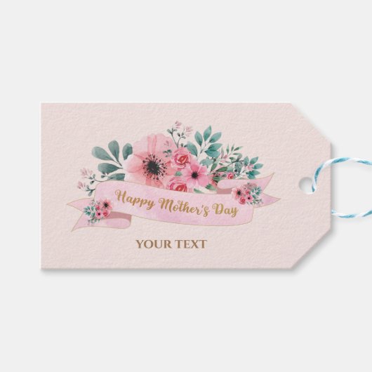 ハッピーマザーズデイ |ピンクとグリーンのフローラ ギフトタグ (正面(横))