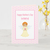 ハッピーマザーズデイ、ピンクのハート&エンジェル カード (黄色い花)