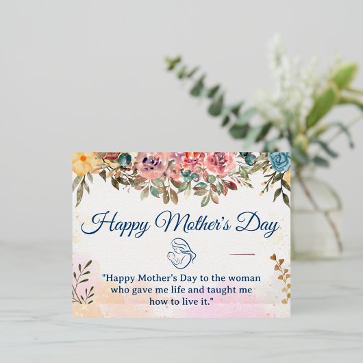 ハッピーマザーズデイ |赤面ピンクの花と金ゴールド 箔シーズンポストカード (立ち正面)