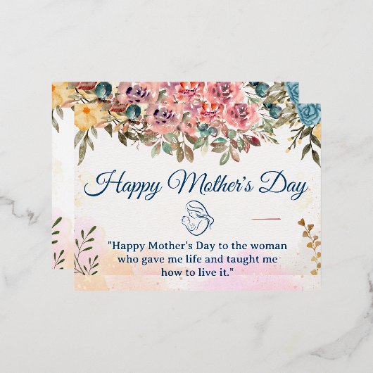 ハッピーマザーズデイ |赤面ピンクの花と金ゴールド 箔シーズンポストカード (正面/裏面)