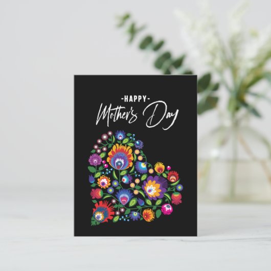 ハッピーマザーズデーウィズ民俗ハートカスタム文字 ポストカード (スタンド正面)