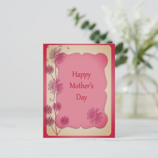 ハッピーマザーズデー ピンクの縁取りとタンポポの種 ポストカード (スタンド正面)