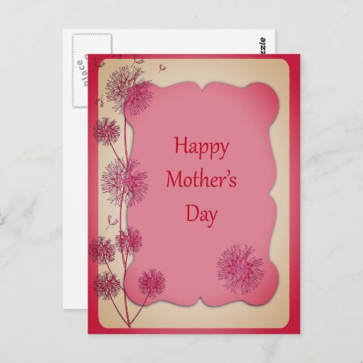 ハッピーマザーズデー ピンクの縁取りとタンポポの種 ポストカード (正面/裏面)