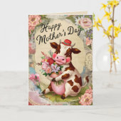 ハッピーマザーズデー レトロ ビンテージカウ カード (黄色い花)