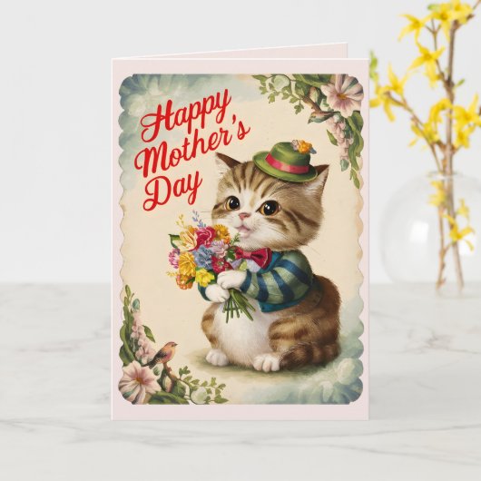 ハッピーマザーズデー　猫好きのママへ　かわいいヴィンテージ猫 カード (黄色い花)