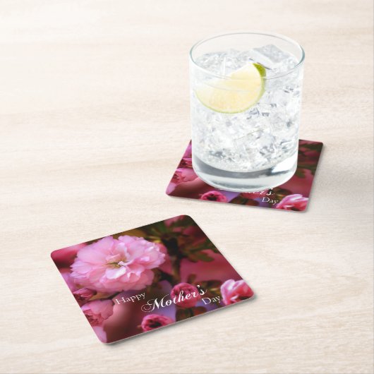 ハッピーマザーズ日春ピンクさくらんぼの花 スクエアペーパーコースター (インサイチュ)