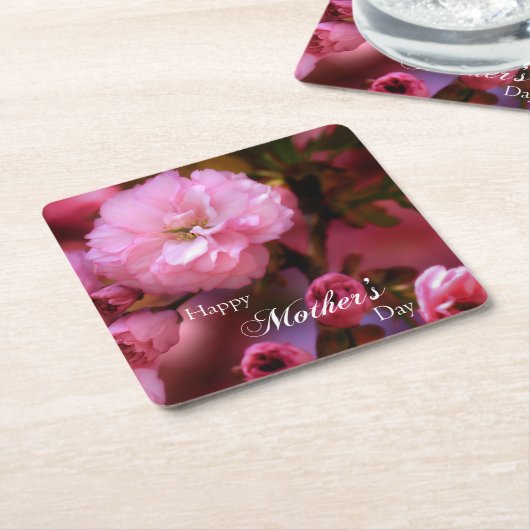 ハッピーマザーズ日春ピンクさくらんぼの花 スクエアペーパーコースター (アングル)