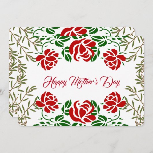ハッピーマザーズ・デイ赤いバラフローラ緑かわいい シーズンカード (正面/裏面)