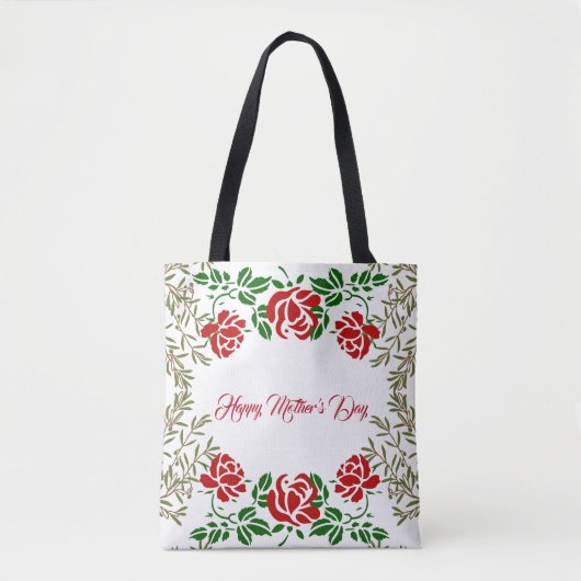ハッピーマザーズ・デイ赤いバラフローラ緑かわいい トートバッグ (正面)