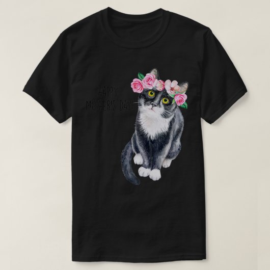 ハッピーマザーデイかわいい猫と花猫ママーG Tシャツ (デザイン正面)