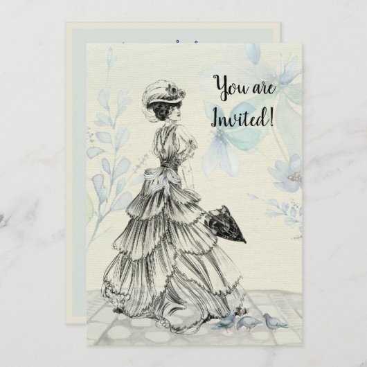 ハッピーマザーデー女ビクトリアンパラソル・バード 招待状 (正面/裏面)