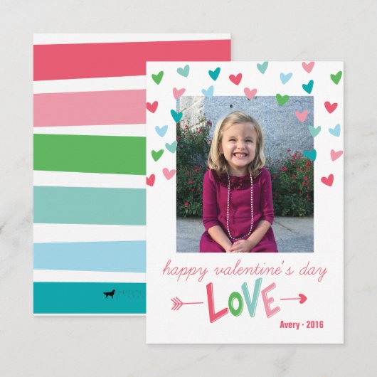 ハッピーマルチカラーハート バレンタインデーの写真カード 招待状 (正面/裏面)