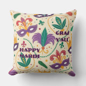 ハッピーマルディグラスオールマスク(紋章の)フラ・ダ・リビーズ クッション (正面)