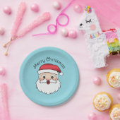 ハッピーマンガサンタクロース頭オンブルーと文字 ペーパープレート (パーティー)
