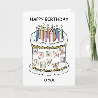 ハッピーマージャンお誕生日ケーキとキャンドル カード